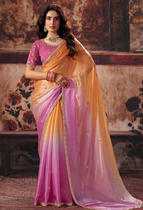 Ombre Peach & Pink Designer Style Festive Wear Saree